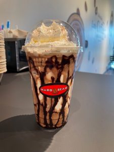 mocha iced coffee with whipped cream, local coffee shop